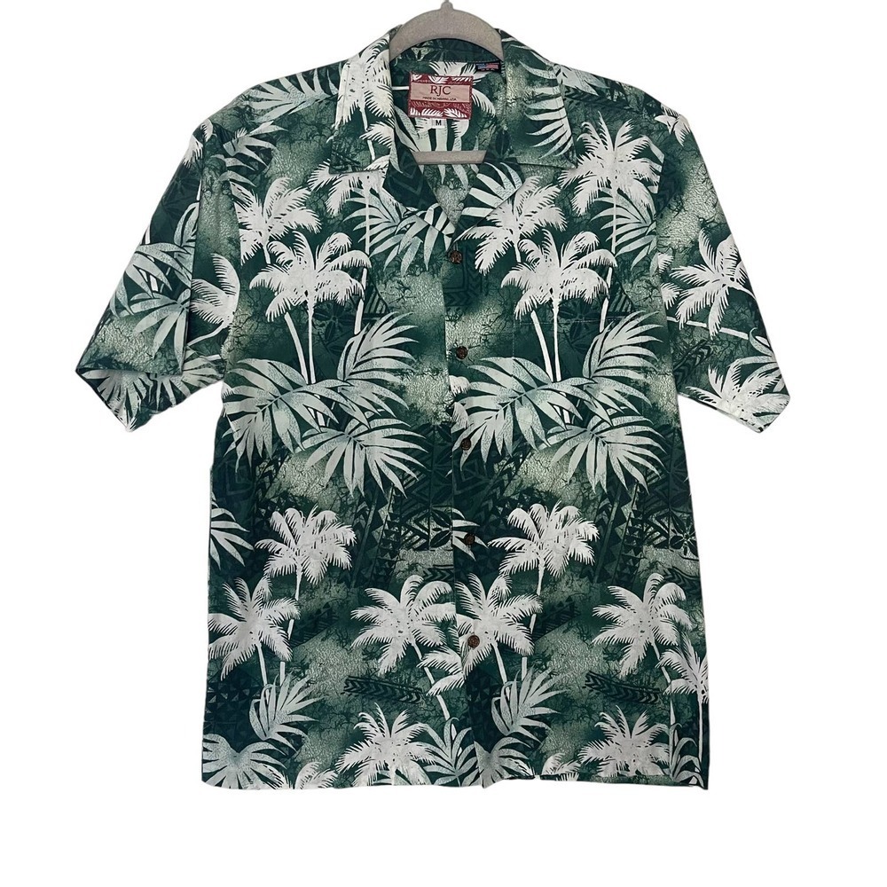 RJC  Men Green Palm Tree Hawaiian Button Down Shirt Size M